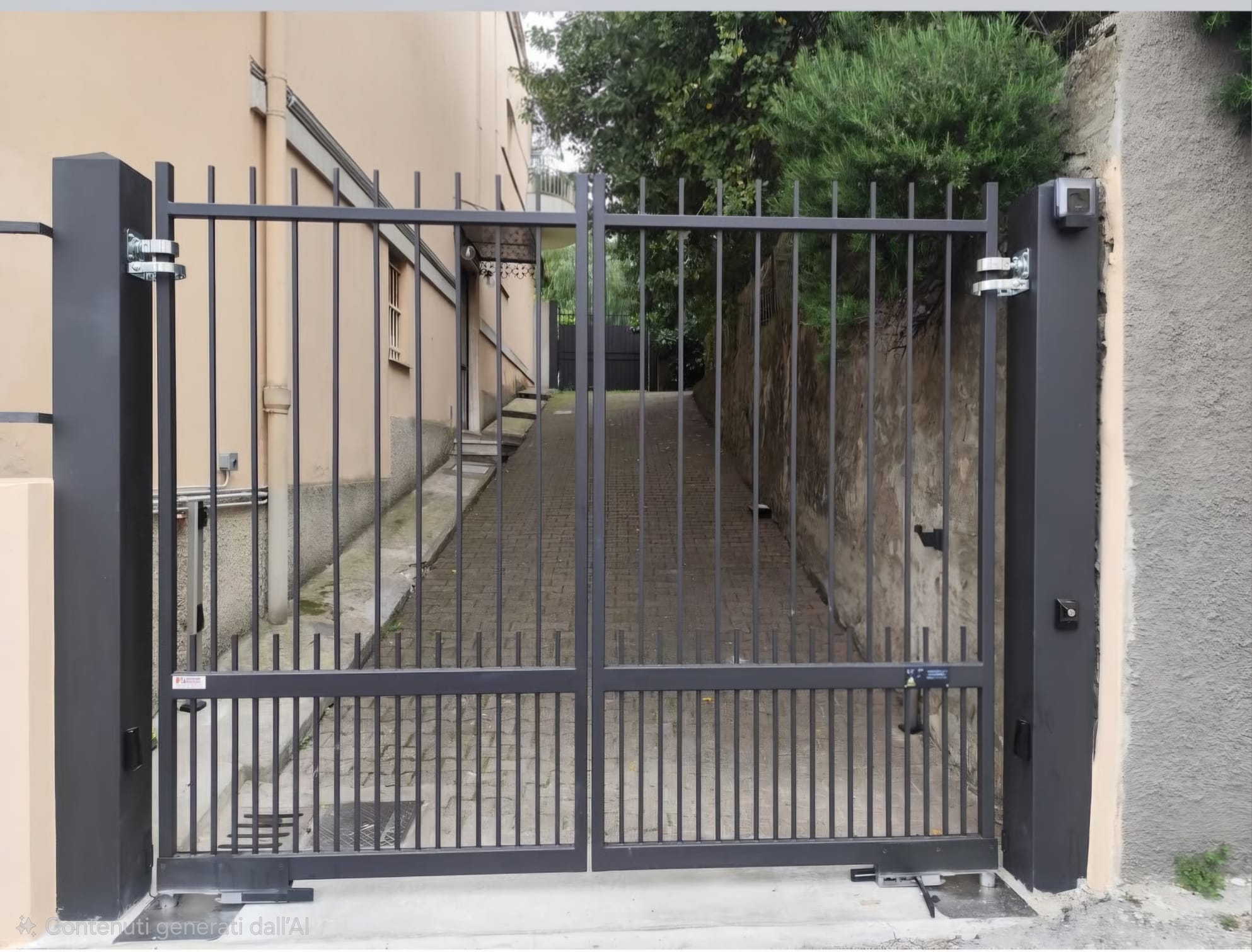 Vista frontale — cancello aperto, finitura Triplex RAL 7016 antracite opaco — Cancello a battente automatizzato antracite — Cerosillo